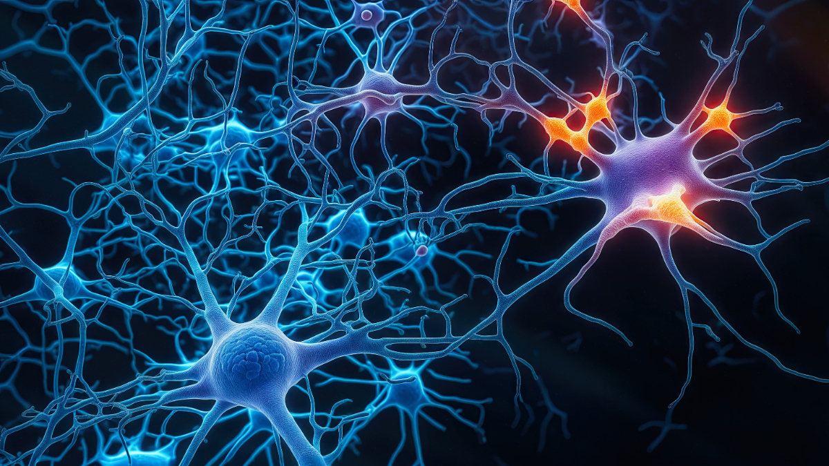 Firing Neurons - 3d rendered image of Neuron cell network on black background. Conceptual medical illustration. Healthcare concept. Glowing neurons signals.